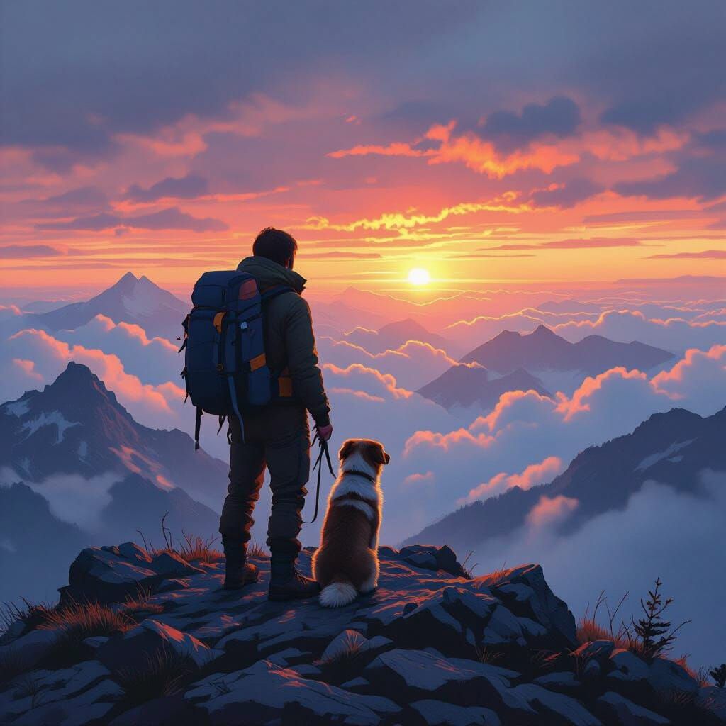 Hiker and Dog at Mountain Summit at Sunrise