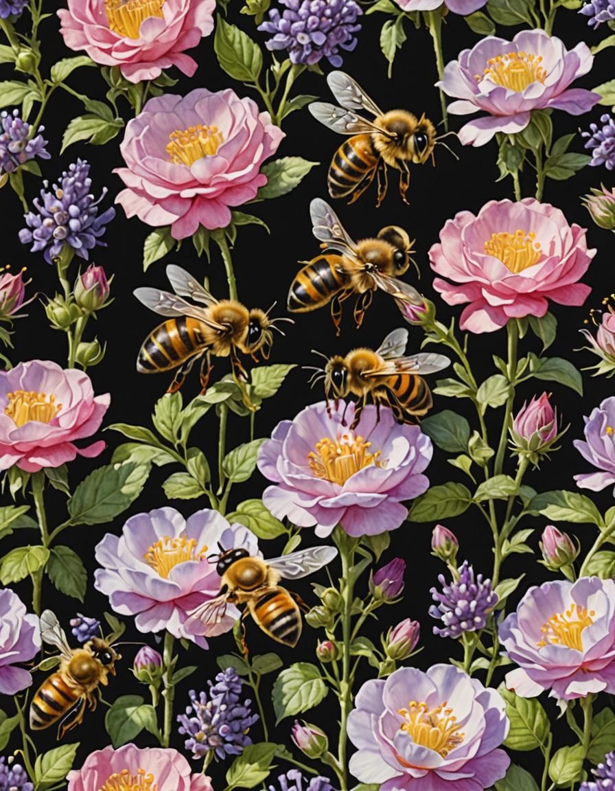 Honeybees on Flowers Watercolor Painting