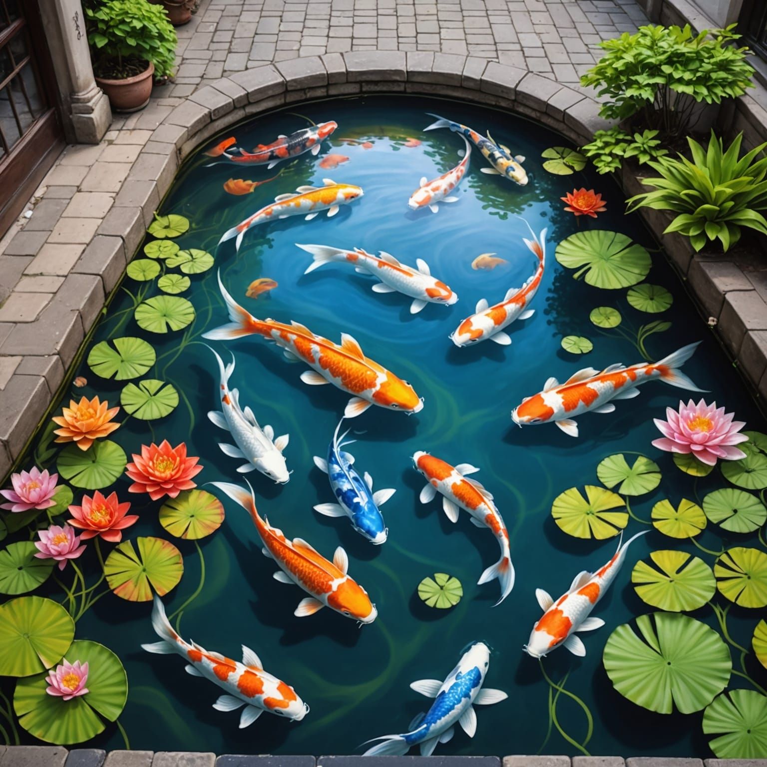3D Chalk Art of a Koi Pond Street Scene