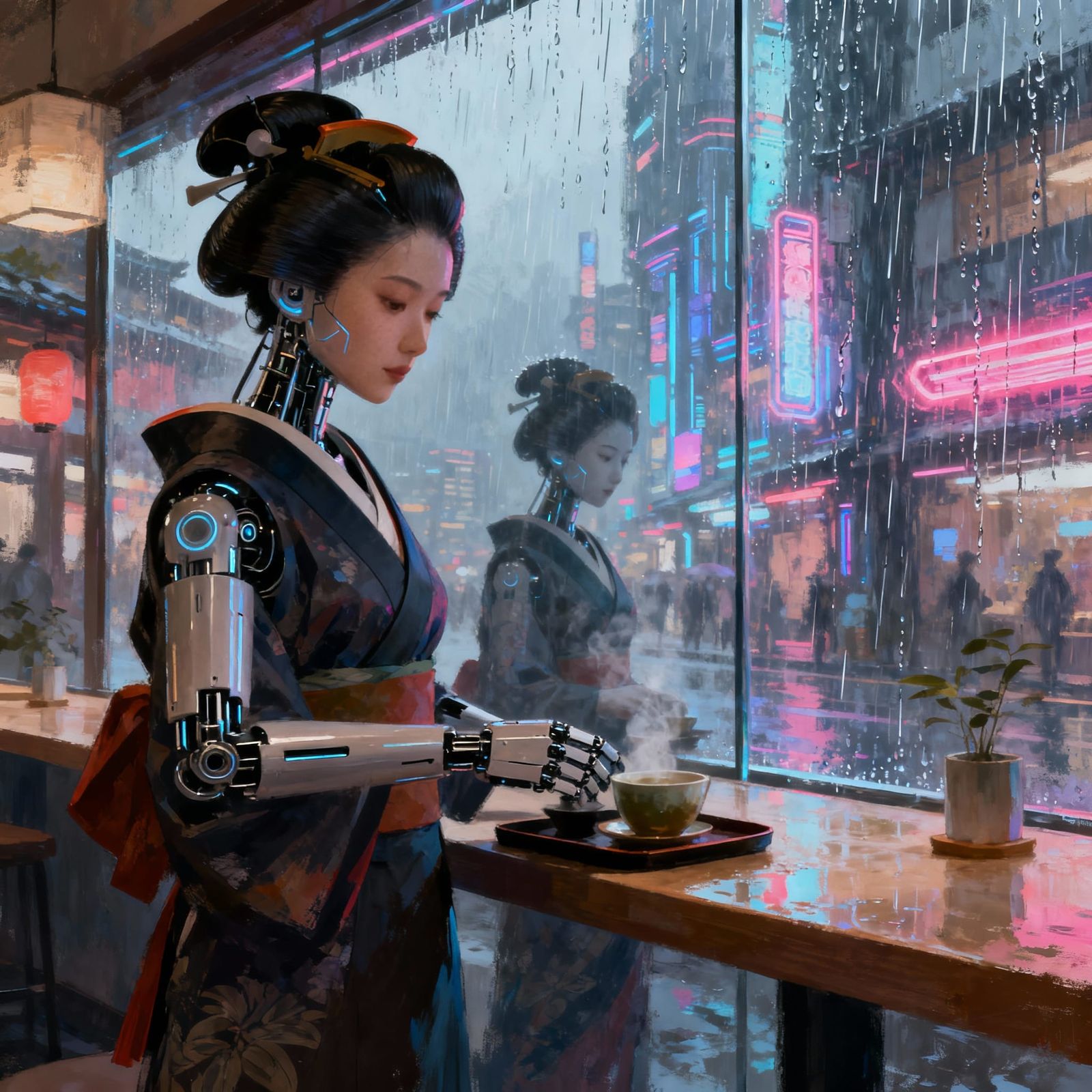Neo-Kyoto Androids Serve Tea in Futuristic Cafe