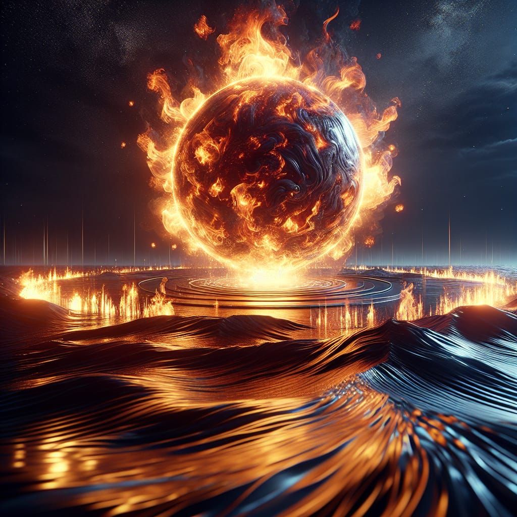 Flaming Sphere Above Dark Ocean in 3D