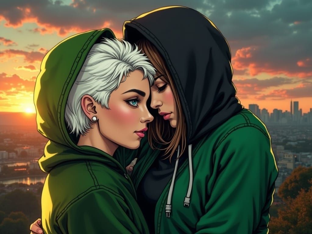 Two Women Silhouetted Against a Colorful Sunset