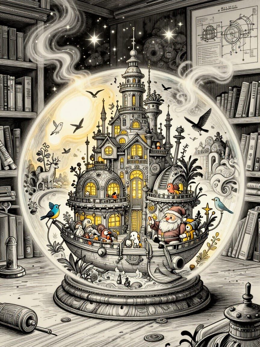 Santa's Opulent Houseboat in a Glass Orb