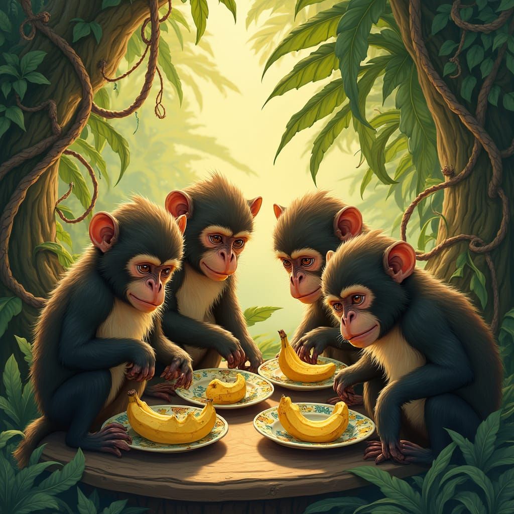 Monkeys in a Jungle Tree, Surprised by Empty Banana Peels