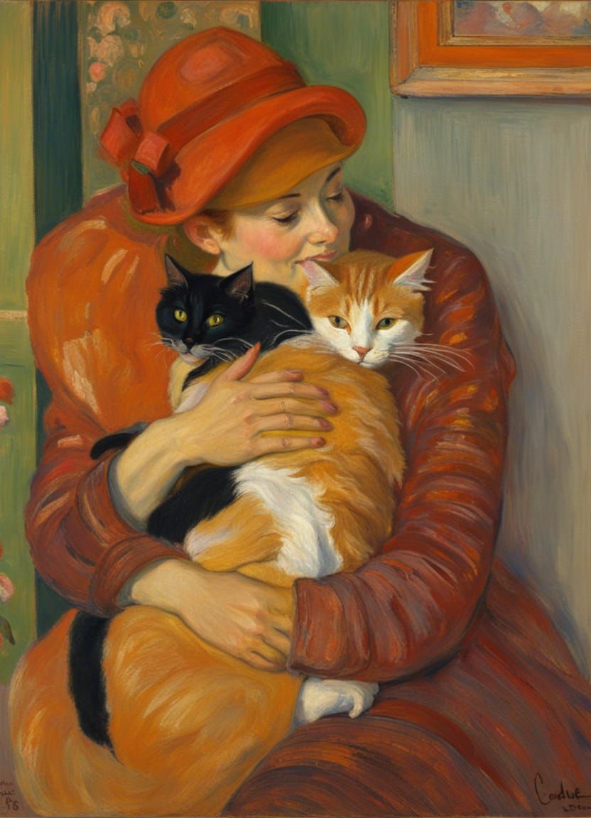 Cat Hugs Woman in Impressionistic Style