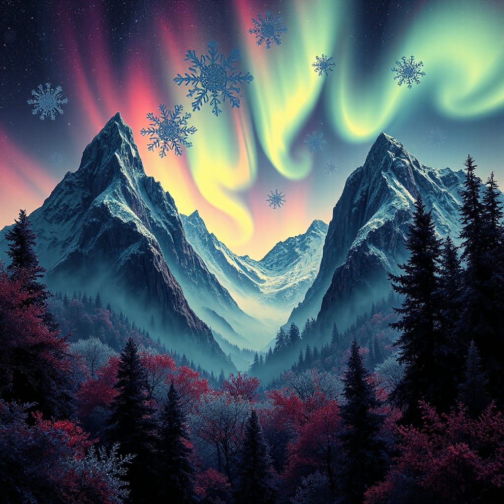 Ethereal Fractal Mountains in Vibrant Abstract Style