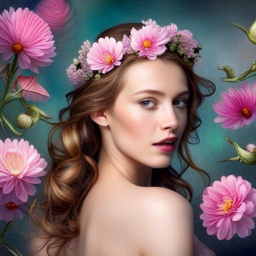 Woman with Floral Crown and Butterflies