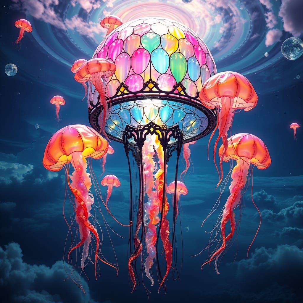 Rainbow Jellyfish Temple in Cosmic Ocean