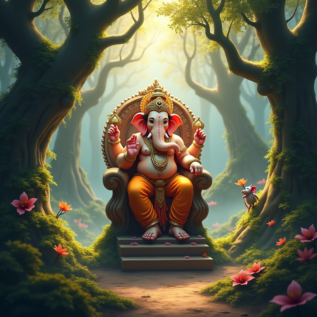 Ganesh in Mystical Forest with Mouse Companion