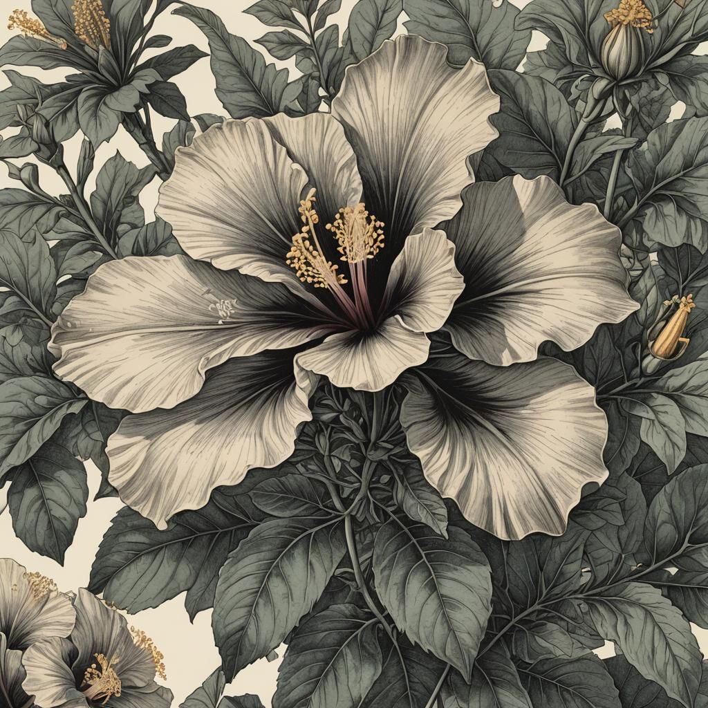 Thespesia Grandiflora: Etched Ink Illustration of Hibiscus
