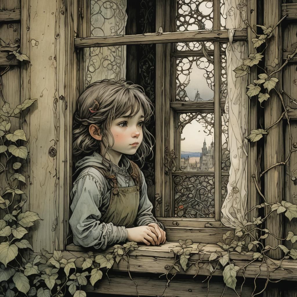 Lonely Girl at Window: Intricate Fantasy Illustration
