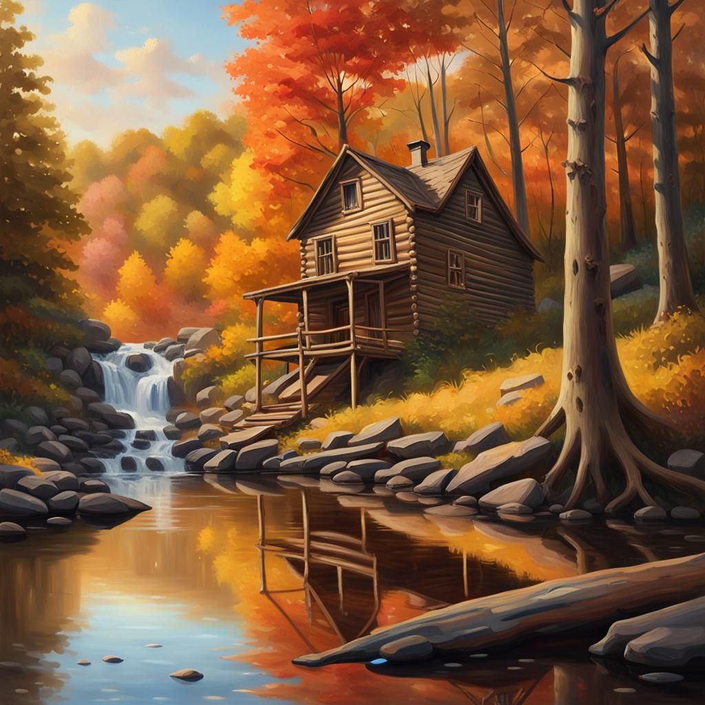 Autumn Cabin: Realistic Oil Painting Inspired by Hudson Rive...