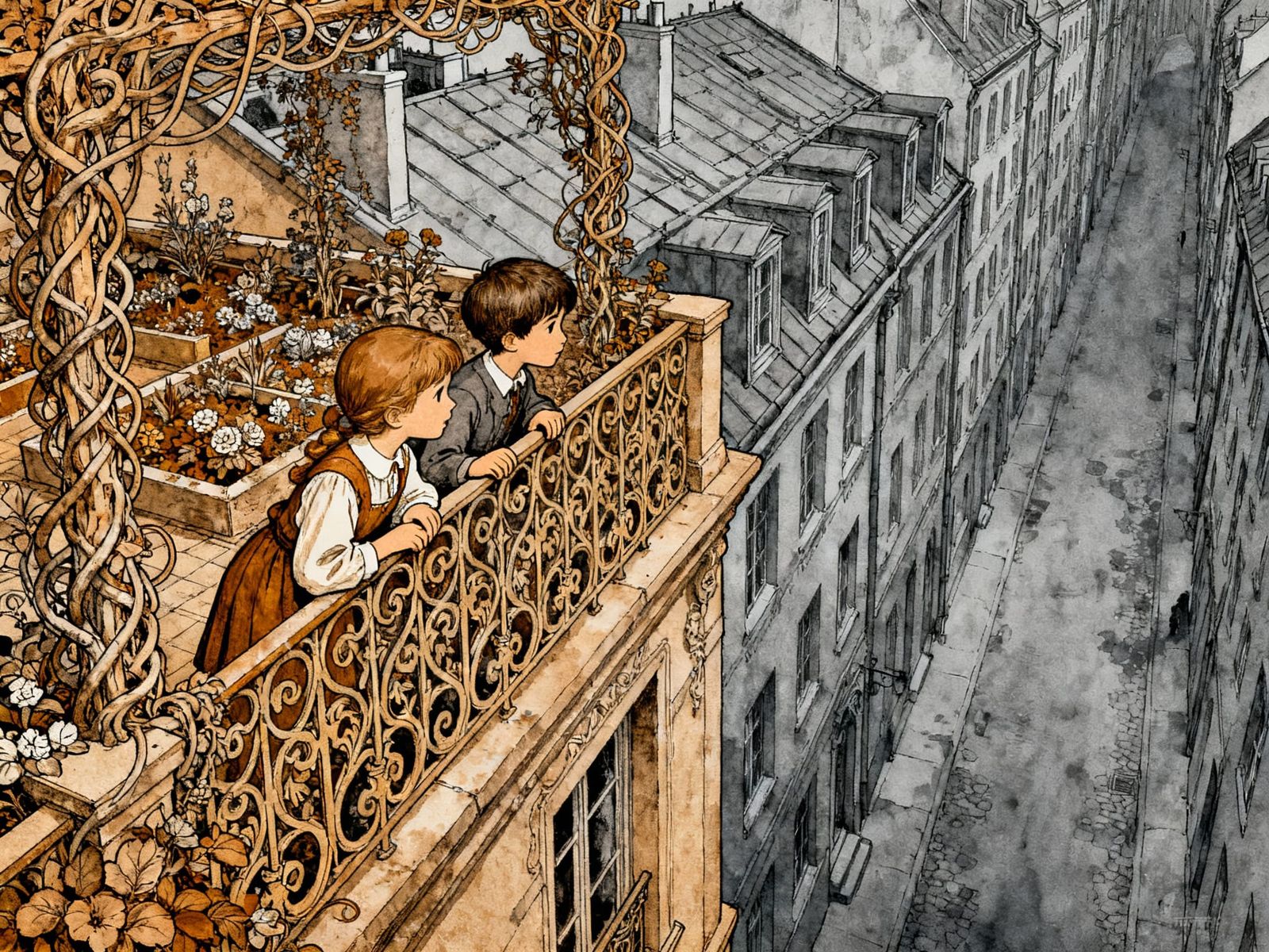 Siblings Admire City View from Roof Garden