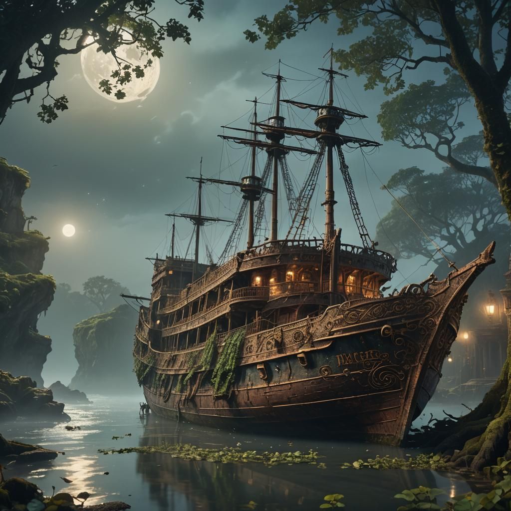 Mystical Ancient Ship Concept Art on Misty Shore