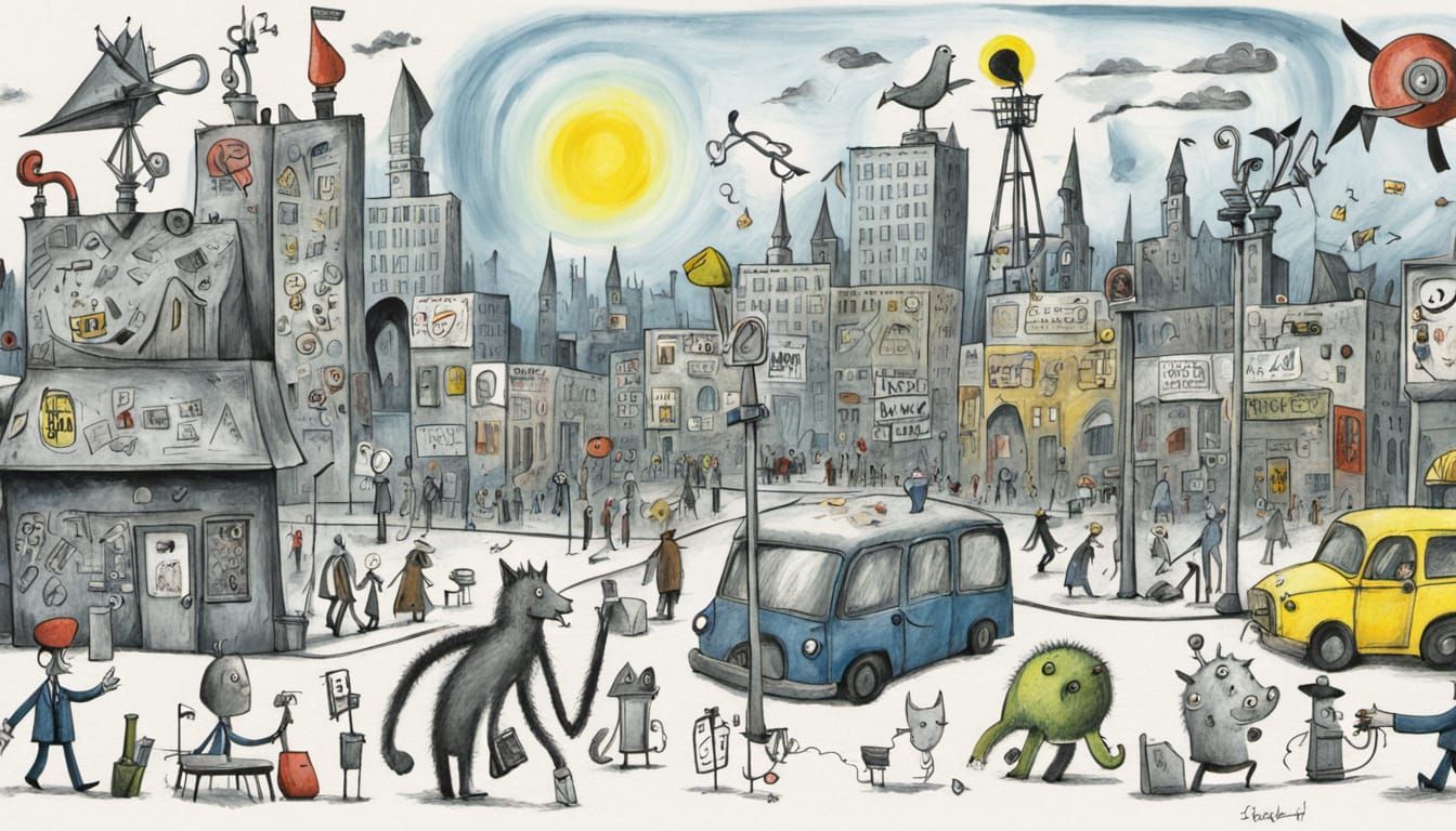 Surreal Cartoon Cityscape in Saul Steinberg Style