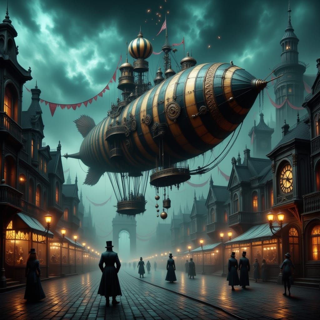 Steampunk Airship Over Eerie Cityscape with Carnival Atmosph...
