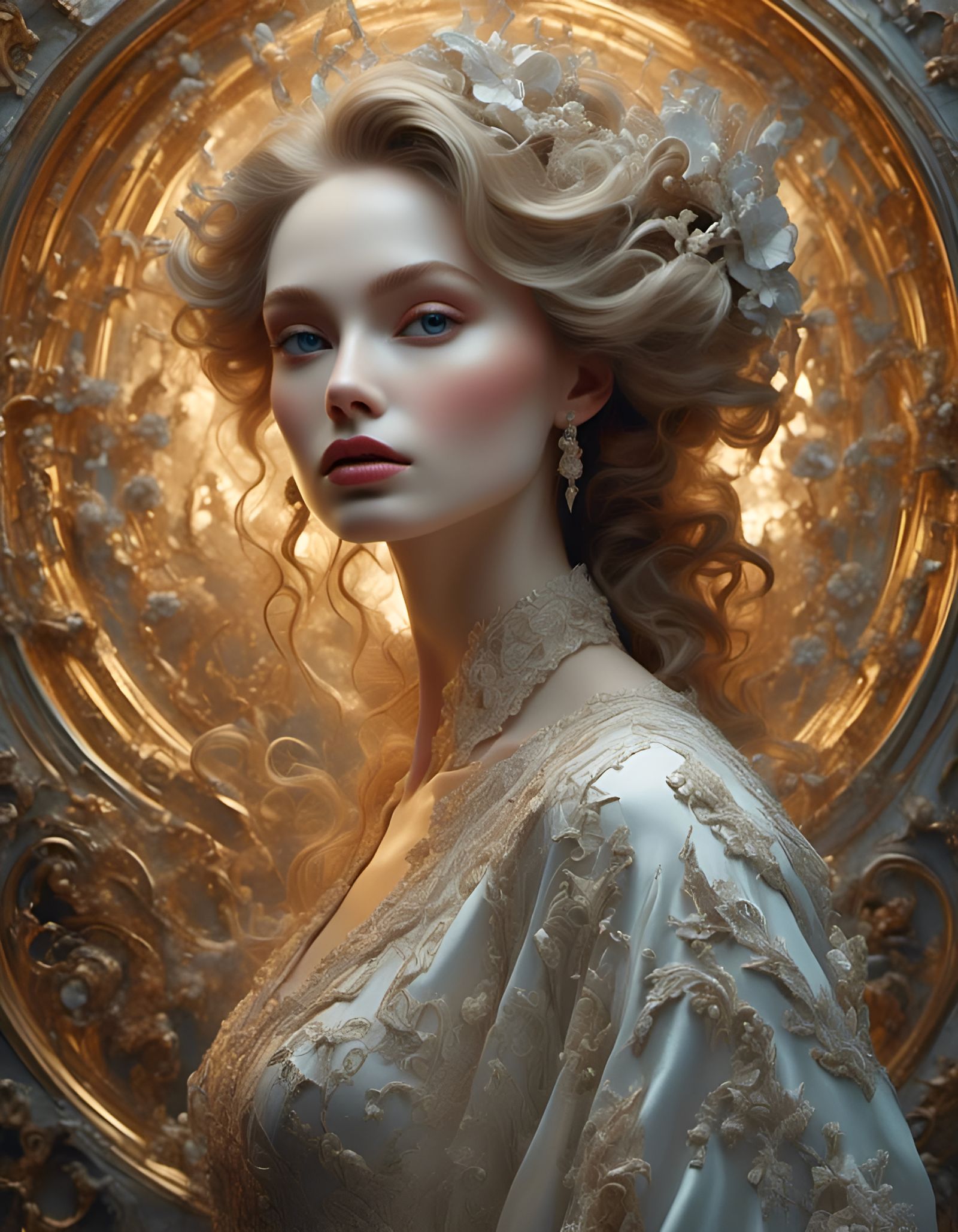 Hyperrealistic Portrait of a Woman with Fractal Flowers