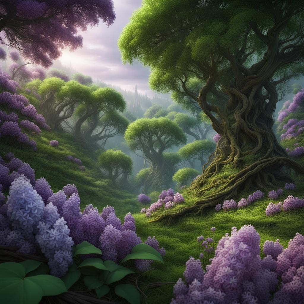 Lilacs Blooming in Green Forest, Detailed Matte Painting