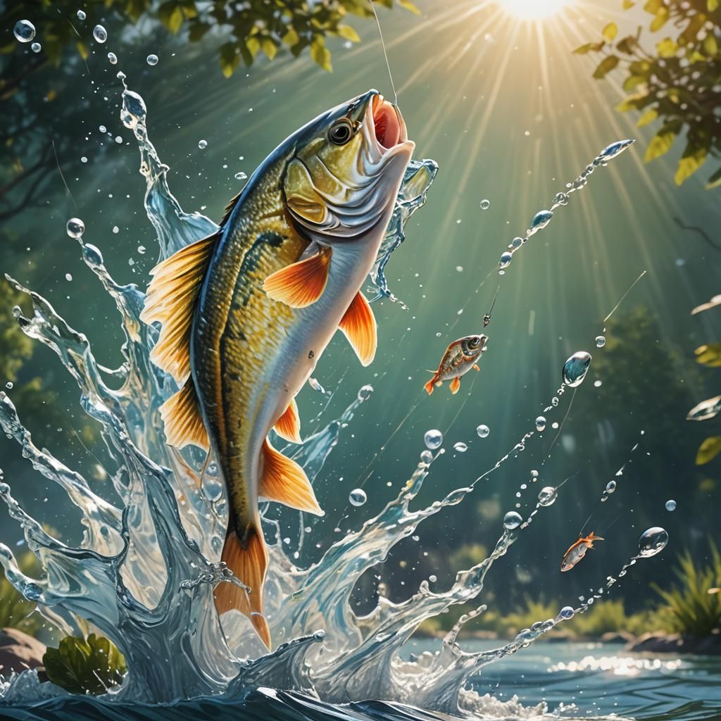 Hyperrealistic Fish Jumping in Sunshine, Splash Art