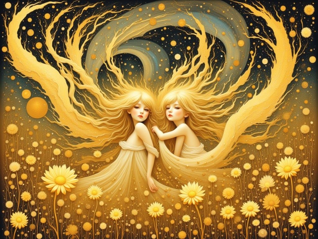 Ethereal Dance of Golden Angels in a Vibrant Forest