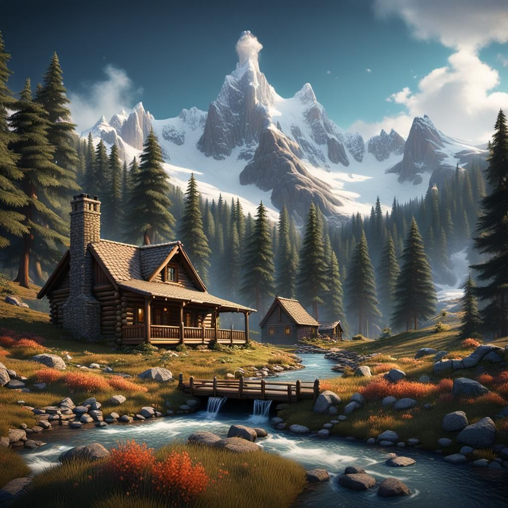 Mountain Log Cabin in Detailed Matte Painting