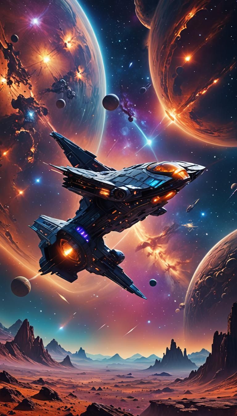 Futuristic Spaceship Gliding Past Planet as Digital Art