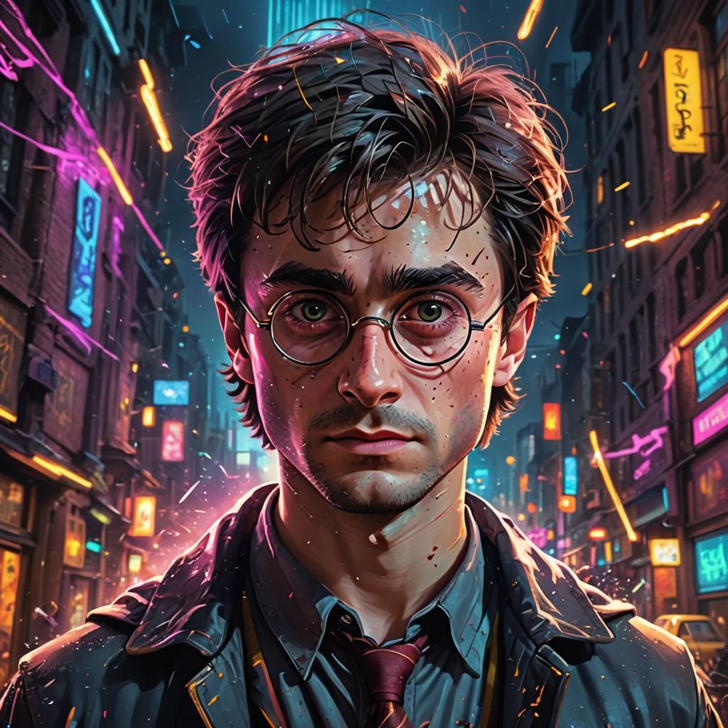 Harry Potter Hyperrealistic Concept Art with Neon Lights