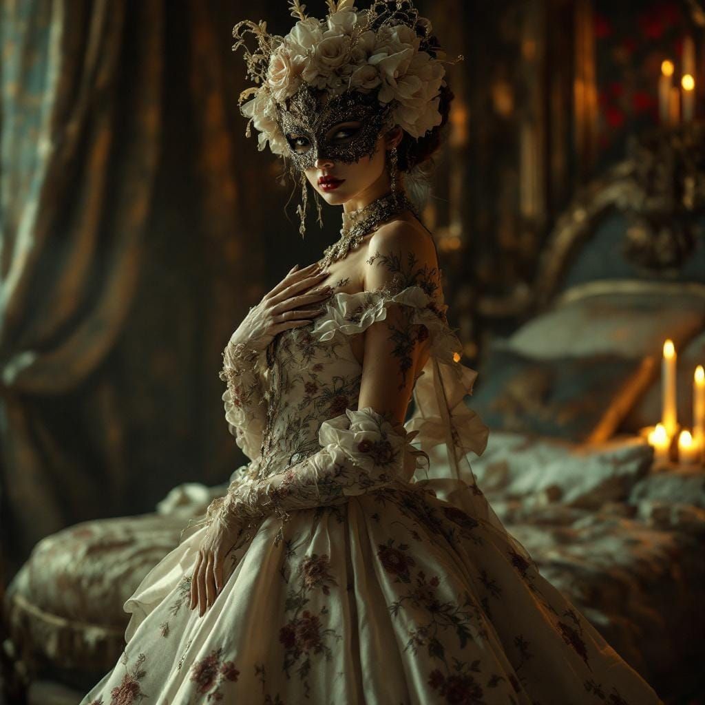 Baroque Woman in Gown with Mask, Fantasy Art