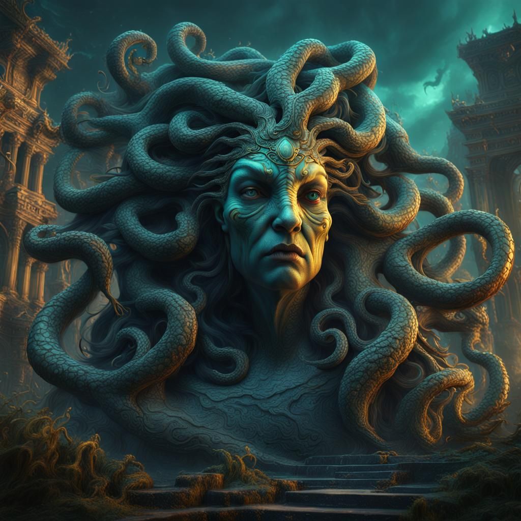 Detailed Matte Painting of Medusa in Deep Color