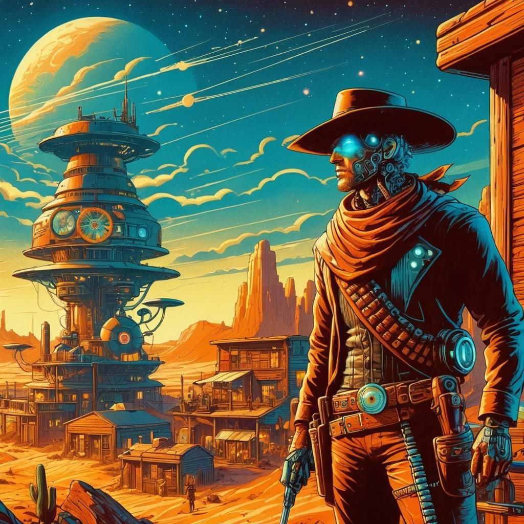 Futuristic Cowboy in Sci-Fi Wild West Cartoon