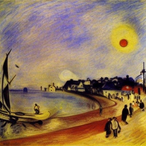 England Beach Scene in Impressionist Style