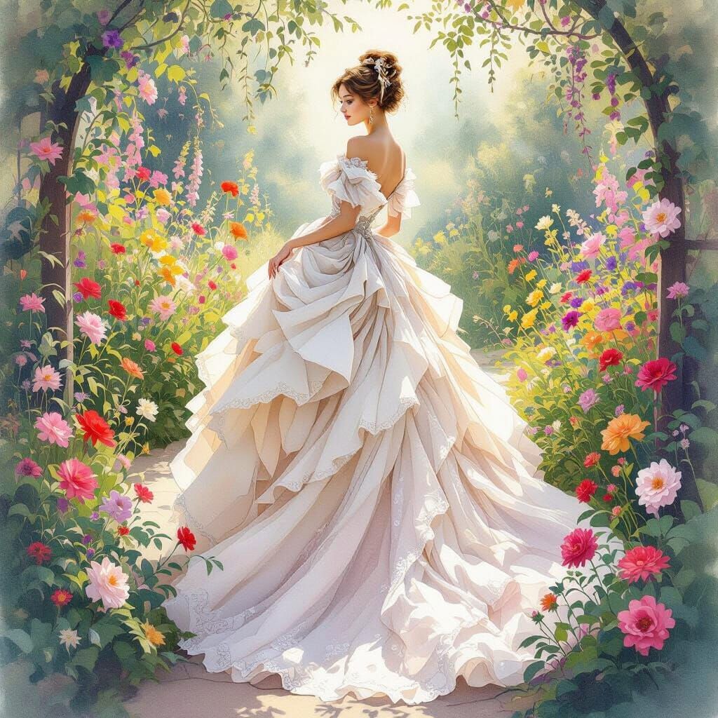 Haute Couture in Dreamlike Garden: Watercolor Painting