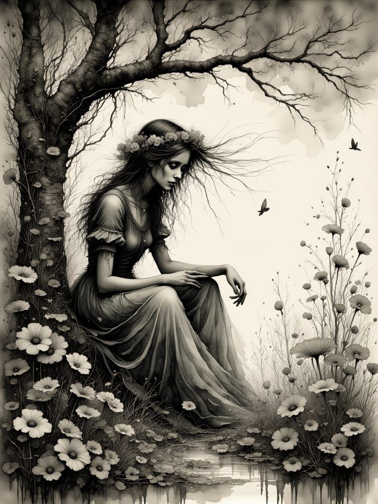 Eerie Gothic Scene in Ink Crosshatching