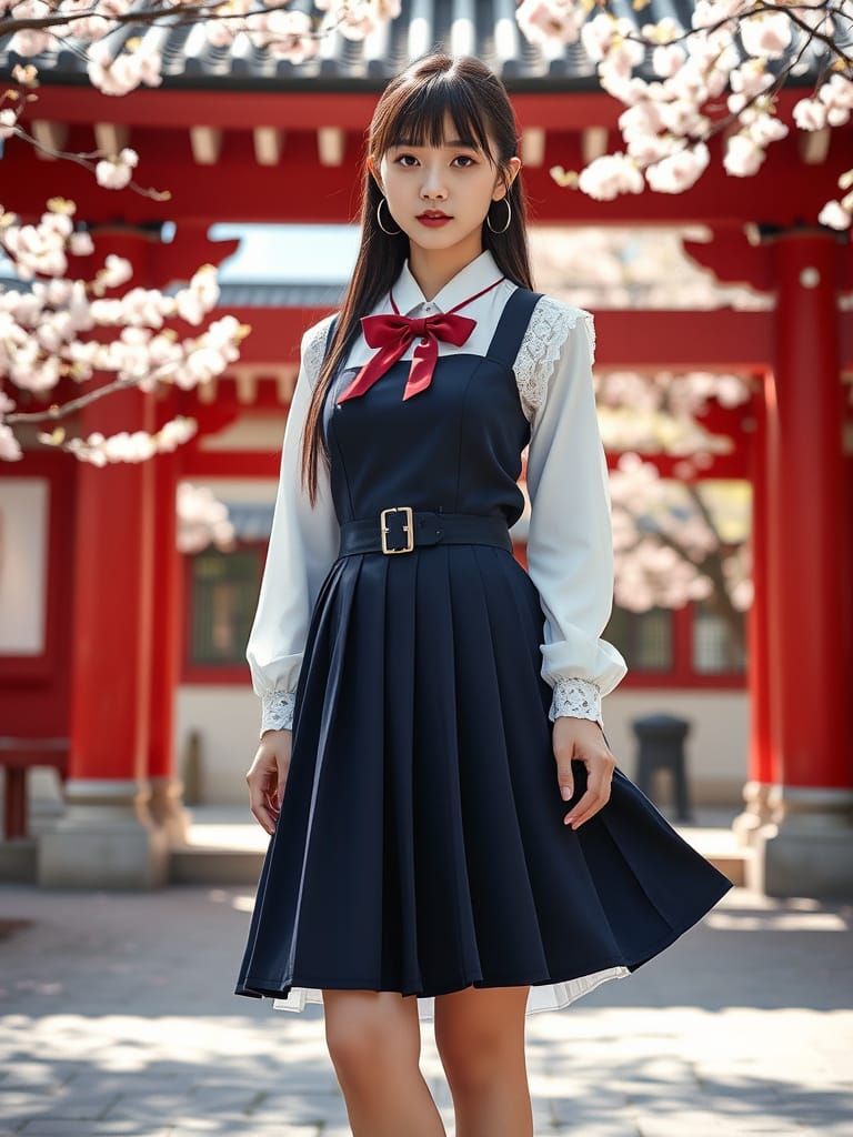 Kaori in Shrine Courtyard Amidst Cherry Blossoms