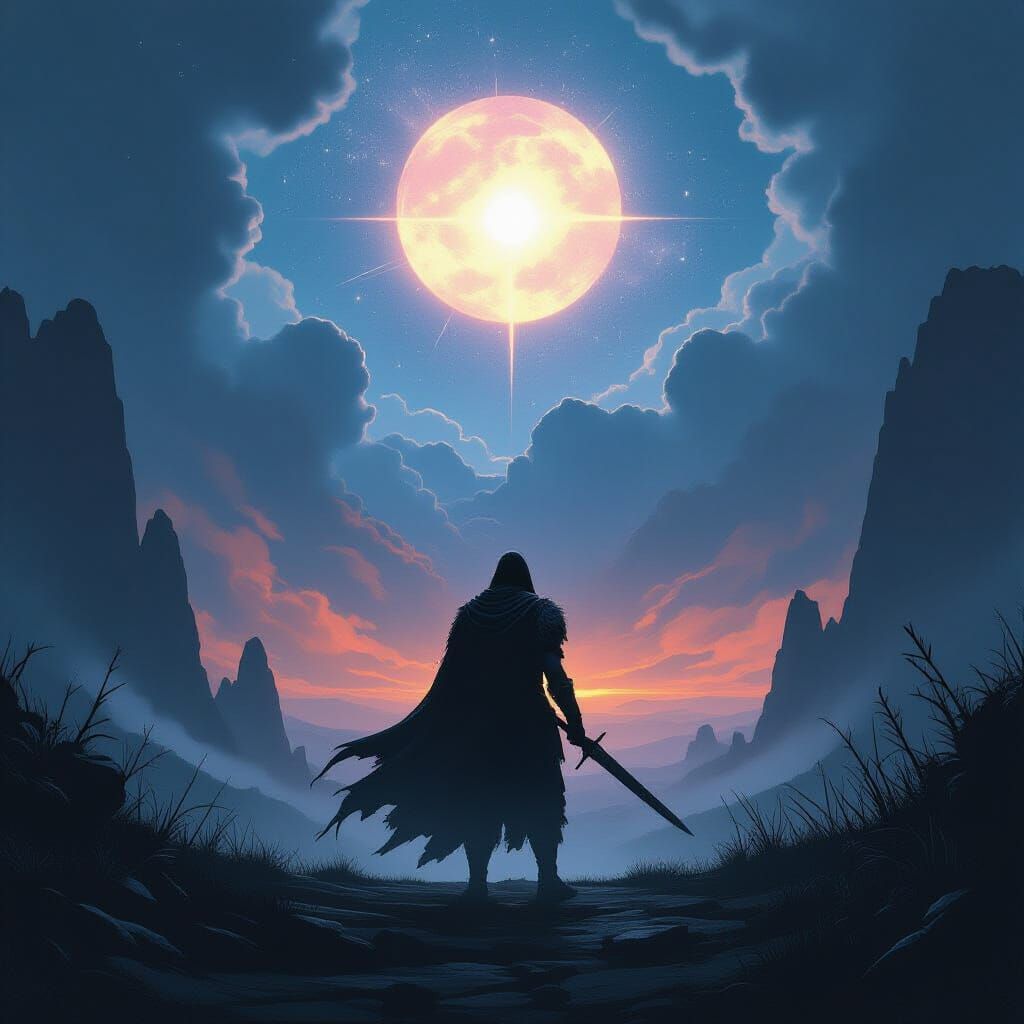 Hero at Threshold: Dark Fantasy Meets Celestial Light