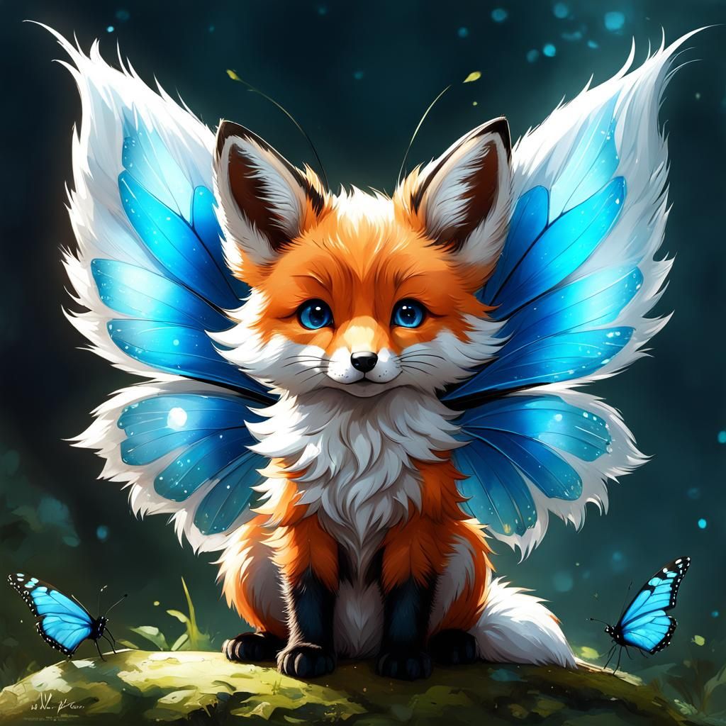 Mystical Fox with Butterfly Wings, Detailed Digital Art