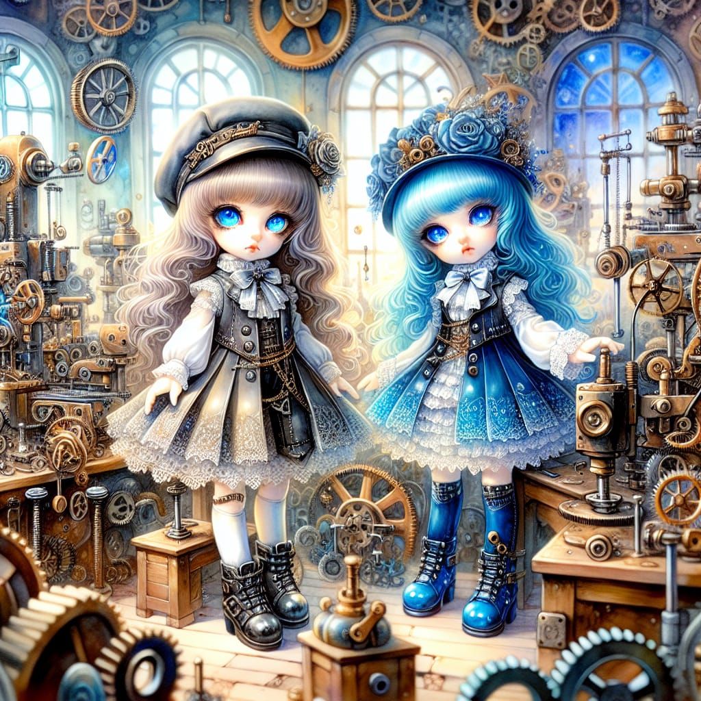 Steampunk Dolls in Whimsical Workshop Setting