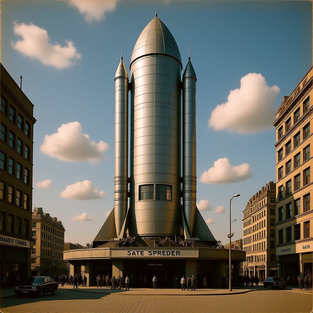 Giant Rocket Building in Retro-Futuristic Style