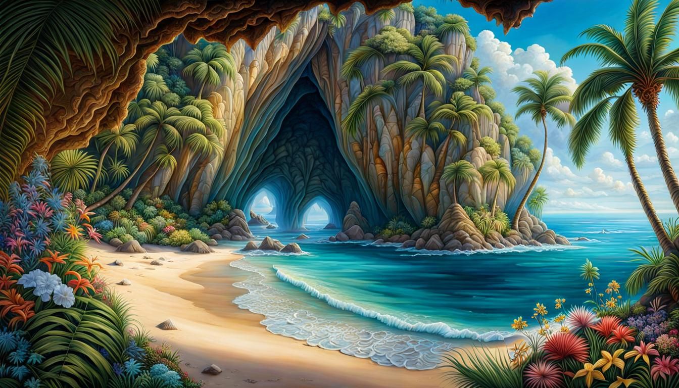 Crystal Cave on Tropical Beach, Digital Matte Painting
