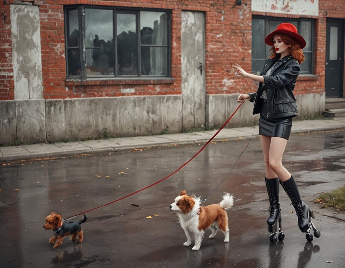 Glamorous Woman on Roller Skates with Dog