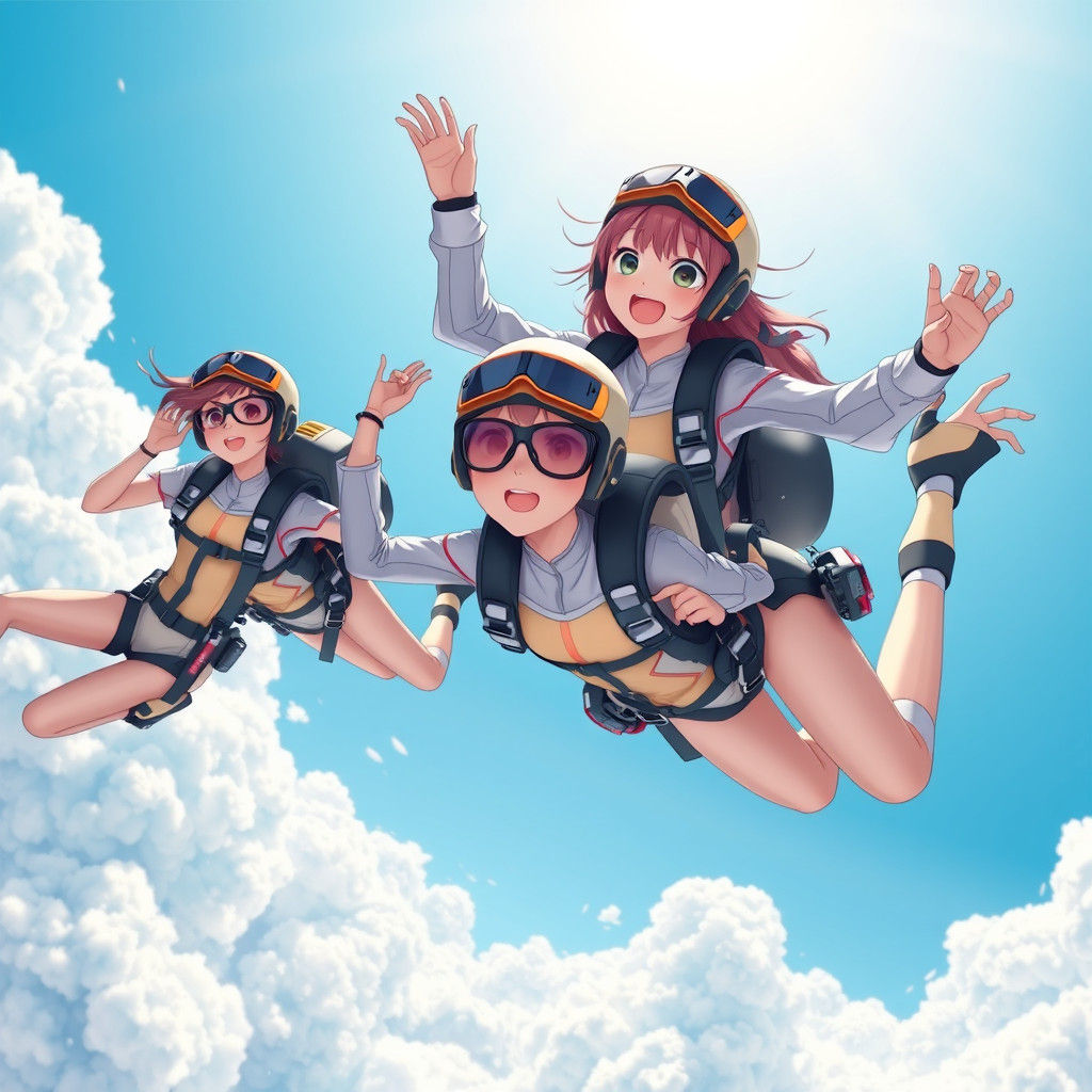 Skydivers in Anime Style Against Azure Sky