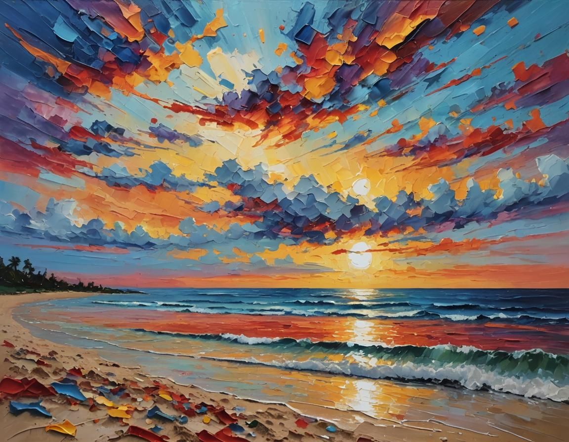 Colorful Sunset Beach in Tachisme Impasto Acrylic