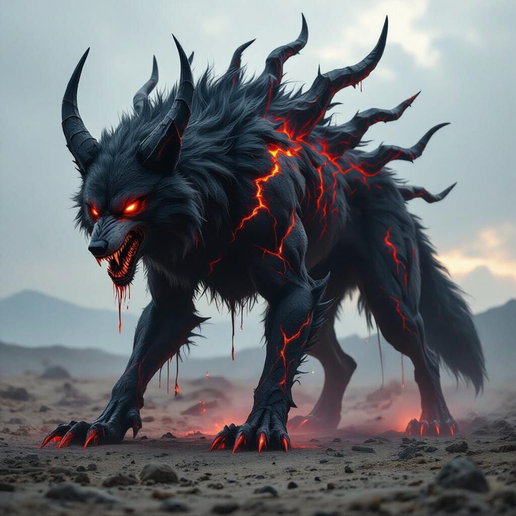 Demonic Wolf with Molten Fissures in Desolate Landscape