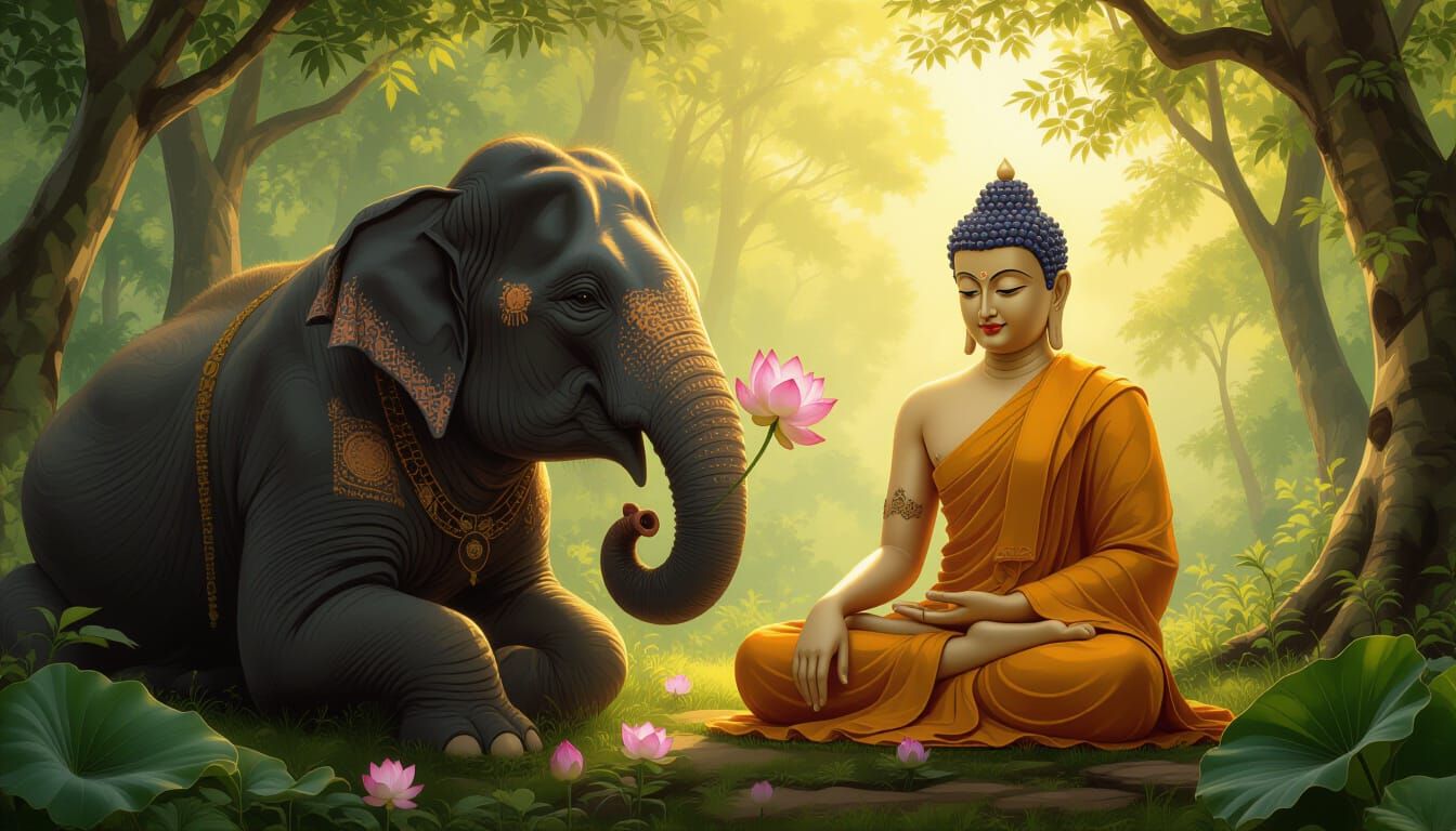 Buddha and Elephant Offering Lotus in Forest