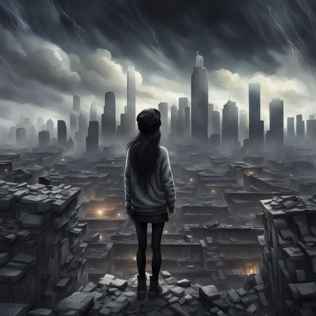 Dystopian Landscape with Girl Gazing at Stars