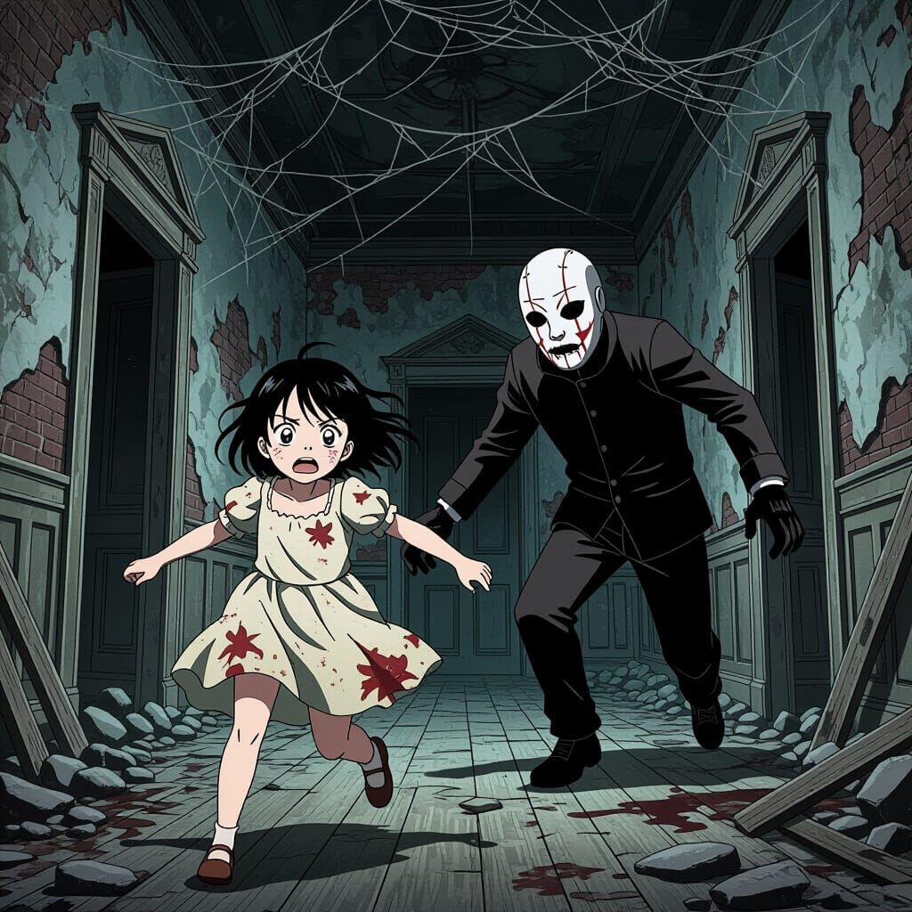 Eerie Anime Horror Scene: Masked Killer Pursues Girl