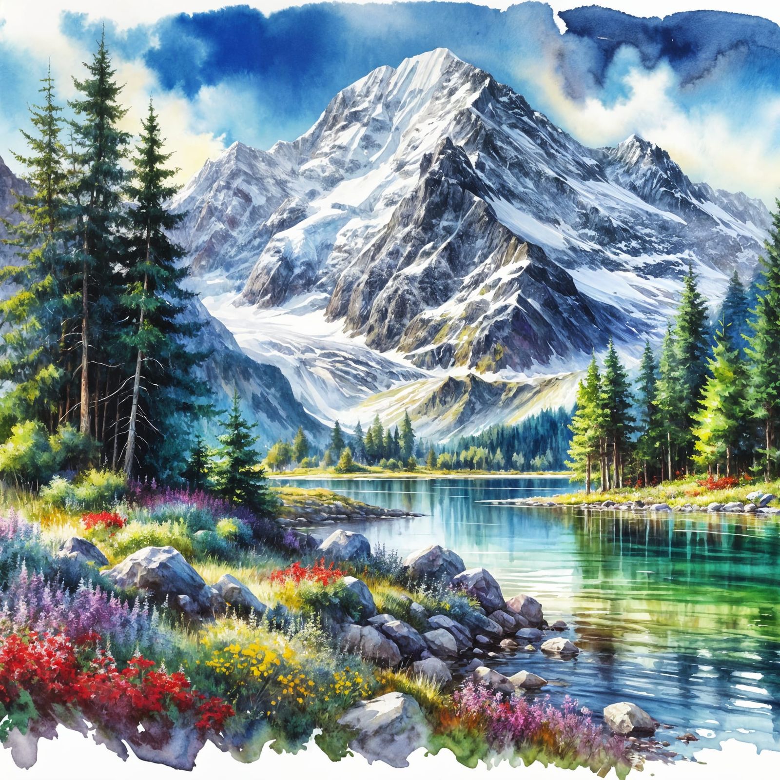 Vibrant Watercolor Mountain Landscape with Wildflowers