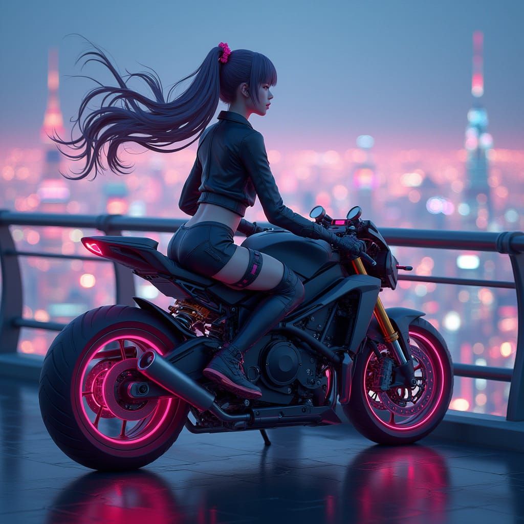 Girl on Motorbike Gazing at Cityscape from Elevated Bridge i...