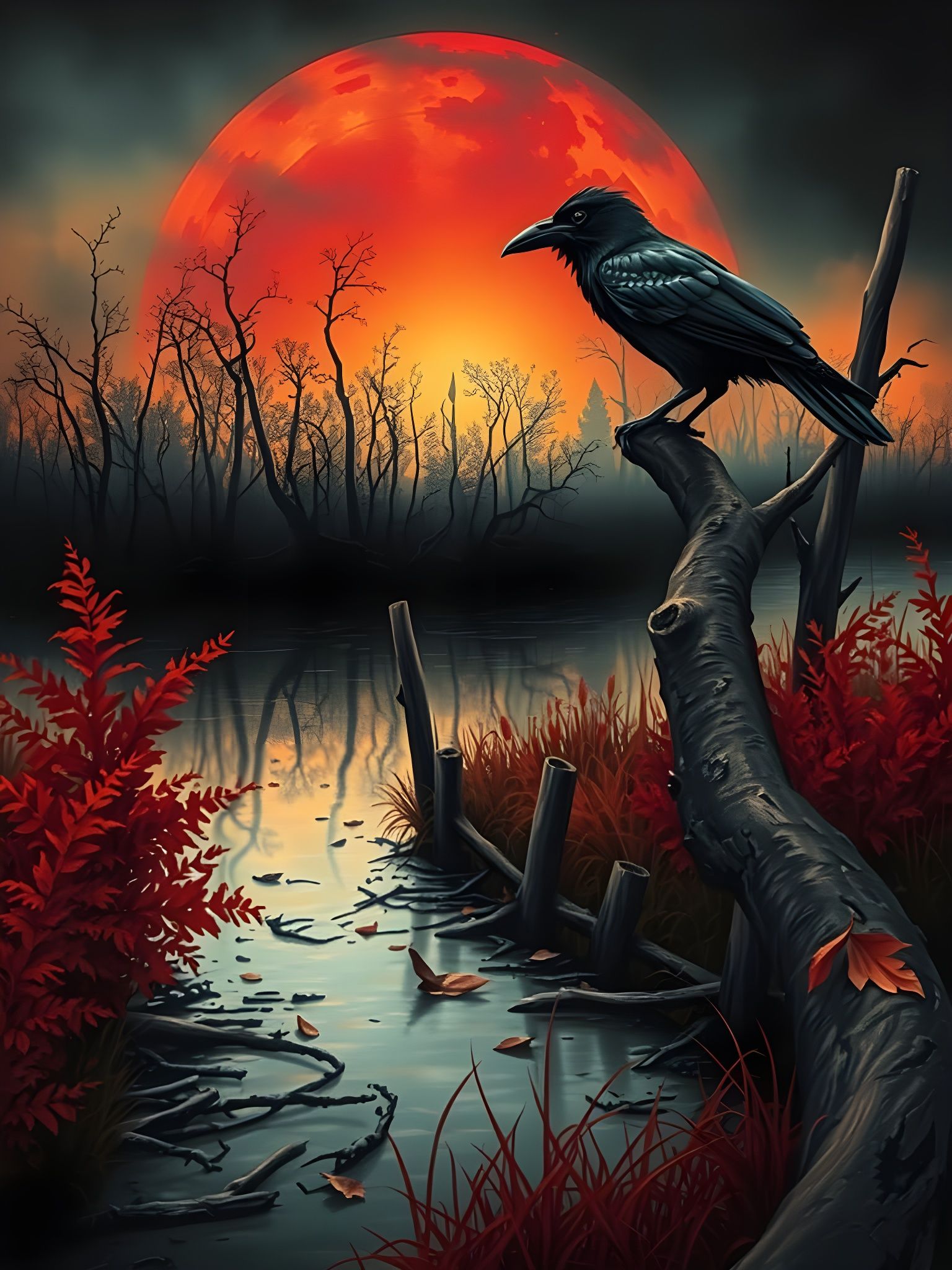 Ominous Swamp with Raven at Misty Dawn