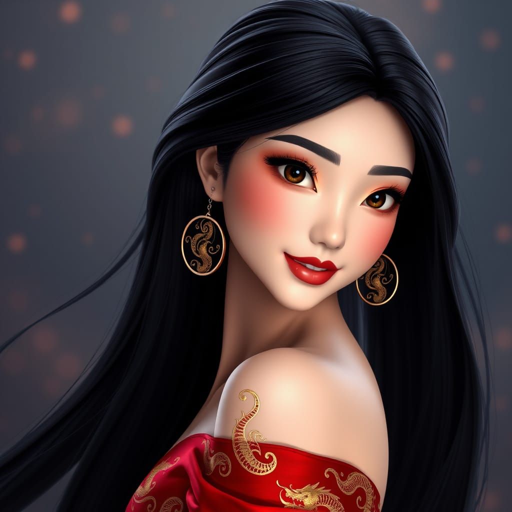 Stunning Princess Mulan in Red Silk Mini Dress with Dragon M...